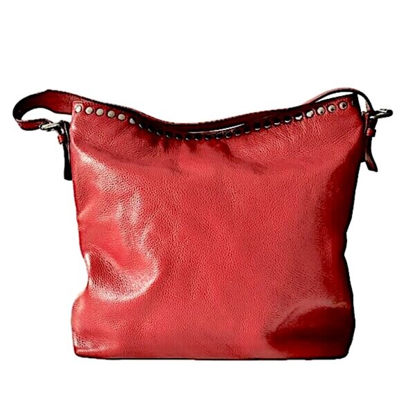 Laggo Reed Hobo Bucket Bag Slouchy Tote Red Pebbled Leather Gunmetal Studs EUC - Picture 3 of 8